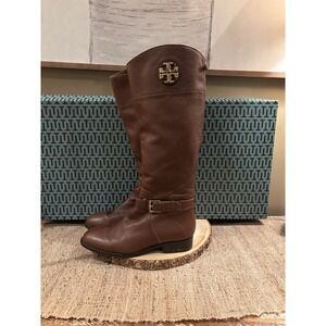 Tory Burch Adeline Almond Leather Gold Logo Buckle Knee High Riding Boots Sz-9.5